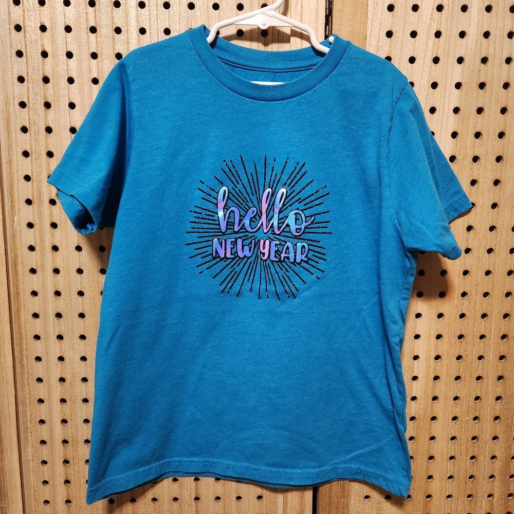 New Years Hello New Year Youth Small T-Shirt Unisex Blue Aqua Iridescent Letters